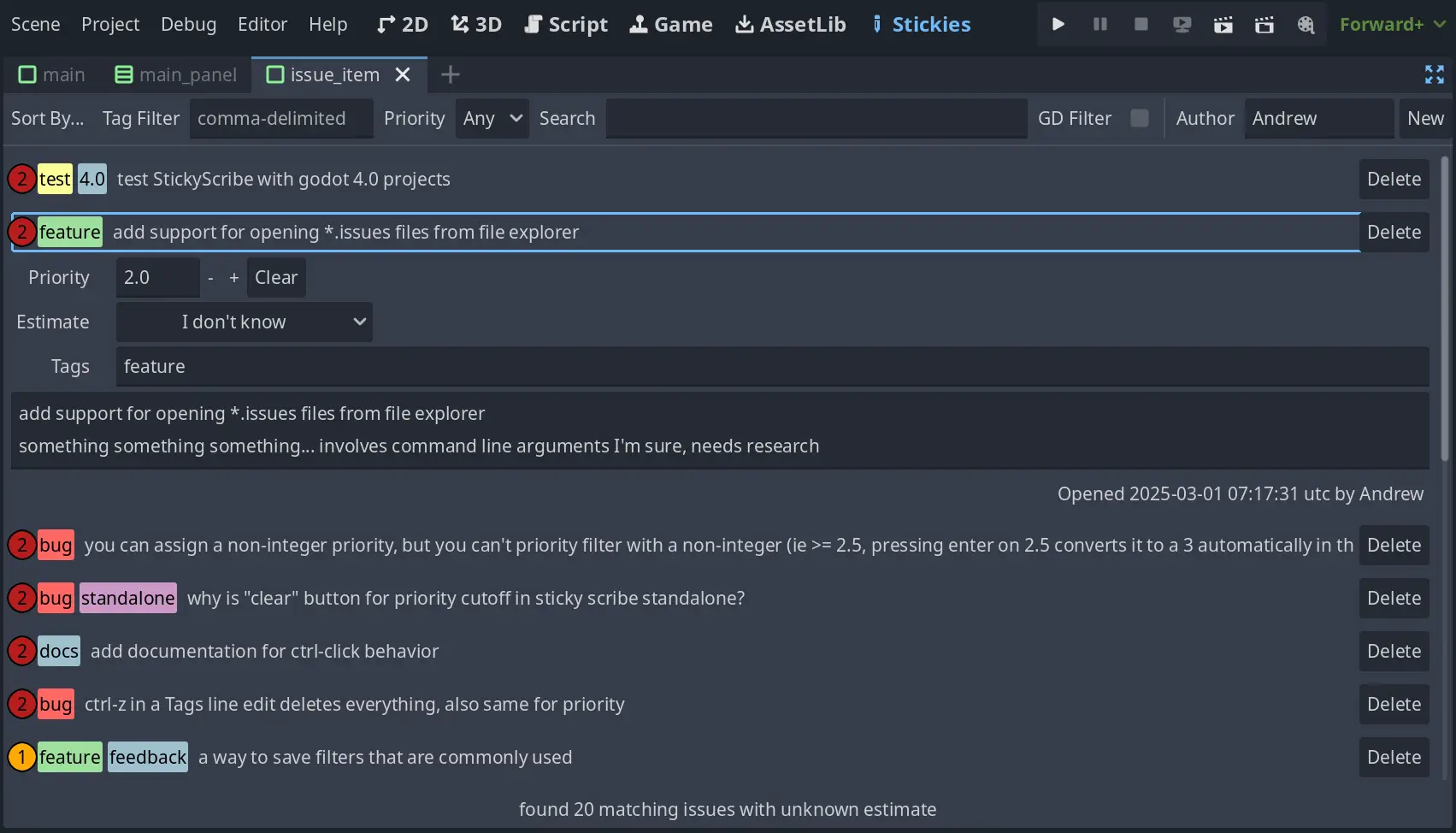 Sticky Scribe - A flexible TODO list, task manager, bug tracker, and notes tool for Godot 3 hero image